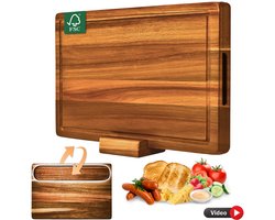 Snijplank Acacia Hout – Dubbelzijdige Houten Snijplank 38×26×3 cm – Met Uniek Serveergeul & Standaard
