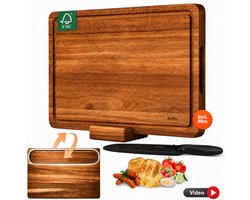 Snijplank Acacia Hout & Mes - Dubbelzijdige Snij/Borrelplank 38×26×3 cm - Met Unieke Serveergeul & Standaard