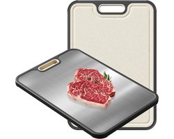 Snijplank Dubbelzijdig - 38.5 X 26.5 Cm - 304 Roestvrij Staal/Tarwestro - Cutting Board - Snijplankenset - Snijplank Van Voedingskwaliteit Voor Vlees En Groenten - Gemakkelijk Schoon Te Maken - Antislip