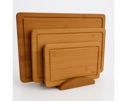 Snijplanken Set - 3-Delig met Houder - (38x25 / 30x20 / 25x15 cm) - Gecarboniseerd Bamboe - Antibacterieel - Snijplank - Broodplank - Serveerplank - Kaasplank - Tapasplank
