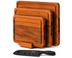Snijplankenset Acacia Hout & Mes - Dubbelzijdige Snij/Borrelplank - Met Unieke Serveergeul & Standaard