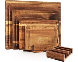 Snijplankenset Hout 4-delig met Houder — Acacia Snijplanken met Sapgeul — 2 cm Dik — Antibacterieel & PFAS-vrij — Borrelplank, Serveerplank, Tapasplank — XL/L/M/S (40x30 / 33x24 / 27,5x18 / 21,5x15 cm) — Les Plaisirs du Chef