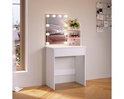 SNJY® Kaptafel met Spiegel en Verlichting - Make Up Tafel met Spiegel - Kaptafel Kind - 40D x 66B x 140H cm - Wit