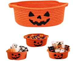 Snoepmand – Geweven opbergmand – Halloween pompoenmand – Decoratieve mand van katoenen touw – Opbergmand voor snacks – Halloween cadeaumand – Met handvatten – Voor het bewaren van snoep, feestbedankjes, snacks, kleding (30 x 20 x 12 cm – Oranje)