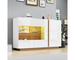 Snow Crystal Modern Hoogglans Dressoir met Smart RGB LED-Verlichting – Luxe Wit Buffetkast met Glazen Panelen en Houten Onderstel – Design Wandkast voor Woonkamer en Hal – 138W x 38D x 90.5H cm