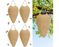 SNQ 4 stuks - Groot gehaakt wespennest - Hangende nep-bijenkorf - Aas om op te hangen - Wespenafweermiddel - Om buiten op te hangen, Wespennestdecoratie - Bruin