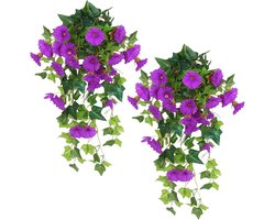 SNQ Gesimuleerde Ochtendglorie - Hangende Plastic Bloemen - 2 Stuks - 58cm - Kunstplanten - Decoratieve Tuinmand - Voor Ramen, Keuken, Muren, Tuinen - Paars