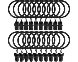 SNQ Gordijnringen - 20 stuks - Zwart - Gordijnringen met metalen clips - Stevig - Roestbestendig - Geschikt voor gordijnroedes - Douchegordijnringen - Gordijnringen met clips