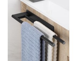 SNQ Handdoekhouder zonder boren, zwart, mat handdoekstang, badkamer roestvrij staal, badhanddoekhouder, zelfklevende handdoekhouder, dubbel, 39 cm