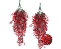 SNQ Kunstbloemen - 4 stuks - Kunstplanten - Kunstmatige hangplanten voor binnen - Nephangplanten voor aan de muur - Tuinaccessoires - Rode kunstvarens - voor huis, tuin, bruiloft, feest, binnen- en buitendecoratie - Rood