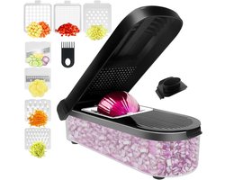 SNQ Multifunctionele groentesnijder - 7 in 1 groentesnijder - Voedselhakker met bak - Geschikt voor salade, aardappel, wortel, knoflook, aardappel, salade - 1 stuk - Zwart