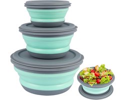SNQ Opvouwbare kom voor camping, 3 stuks, siliconen, opvouwbare kom, draagbare lunchbox, picknick, kom, slakom met deksel voor keuken, camping, outdoor, 300 ml + 600 ml + 900 ml (groen)