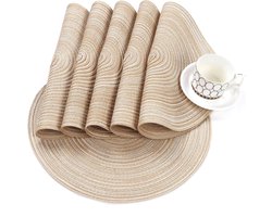 SNQ Placemats - Onderzetters - Geïsoleerd - Rond - Katoenen garen - 6 stuks - 38 cm - Brandveilig - Antislip - Wasbaar - Geschikt voor keuken, eettafel (beige)