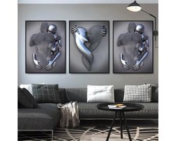 SNQ Set van 3 kunst moderne posterset - canvas schilderij 30×40cm - 3D metalen figuur standbeeld kunst liefde hart kus foto's muur kunst decoratie - zonder frame - wanddecoratie muur woonkamer wanddecoratie decoratie