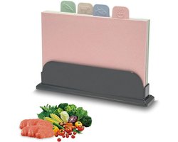 SNQ Snijplankenset Met Standaard - 4 Kleuren - Snijplank Met Voedseletiketten Voor Sortering - Keukenplank - Hygiënisch - Keuken Snijplank