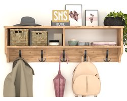 SNS Home - Kapstok 5x3 Haken Wandkapstok - Industrieel Hout - Wall Mounted - Kapstok - Wandkapstok Hout Metaal - 120x 37x22 cm Kapstok - Pijnboom