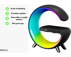 SNTIALS Wake Up Light Zwart - Draadloze Telefoon Oplader - Google Home & Alexa - Sinterklaas - Bluetooth Speaker - Wireless Charger - Nacht Lamp - Bureau Lamp LED - Sfeerlamp - Lichtwekker - Cadeau - 30 dagen garantie - Handleiding