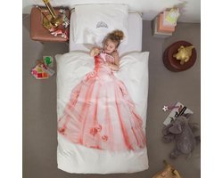 Snurk Beddengoedset met dekbedovertrek en kussenslopen met prinsessenprint, roze, hoge definitie, 100% percal van hoogwaardig katoen, voor kinderen en meisjes, kleur wit, maat voor eenpersoonsbed 155 x 220 cm