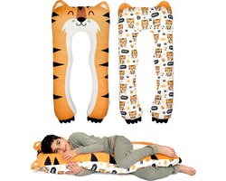 SNUZZY® Knuffel Tijger - Zijslaapkussen - Body Pillow 120x60 cm – Lichaamskussen – Kinderkussen – Leeskussen – Zwangerschapskussen – Knuffelkussen – Wasbare Hoes