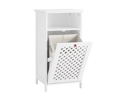 SoBuy Badkamermeubel met wasmand en open nis – toiletkast van MDF E1 en vliesstof, capaciteit 30 kg, open deuren met rode handgrepen, 45 x 41,5 x 87 cm BZR211-W