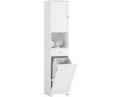 SoBuy Badkamerzuil met wasmand, badkamermeubel, 40 x 38 x 180 cm, met lade en verstelbare plank, kleine opbergkast, ruimtebesparend, ideaal voor toilet, toilet BZR216-W
