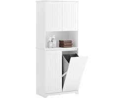 SoBuy BZR150-W Hoge badkamerkast met waszak, badkamerkast met deuren, 2 afneembare wasmanden, verstelbare planken, vakken