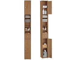 SoBuy BZR34-II-PF Hoge Badkamerkast – Smalle Opbergkast met Lade en Verstelbare Planken – Kolomkast Badkamer – Naturel, 20x20x180cm