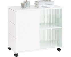 SoBuy FBT141-W Bankpunt, roltafel, salontafel, koffietafel met 3 laden, voor woonkamer, kantoor, slaapkamer, hout en glas