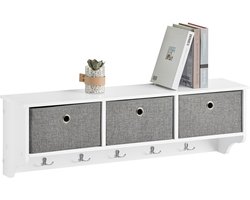 SoBuy FRG282-W Wandkapstok met 3 Lades – Kapstok met 5 Haken & Opbergvakken, Wandrek Halmeubel, Wit-Grijs, 100x20x30cm
