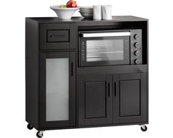 SoBuy FSB78-SCH Sideboard op Wieltjes – Magnetronkast – Keukenkast met Lade en Glazen Deur – Opbergkast van MDF – Zwart – 88,5x89x40cm