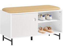 SoBuy FSR116-W Schoenenbank - Witte Opbergbank met Zitkussen & Schuifdeuren