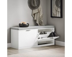 SoBuy FSR147-W Schoenenbank - Witte Opbergbank met 2 Kleppen & Kussen