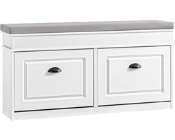 SoBuy FSR64-WG Schoenenkast, schoenenbank, schoenen, entree, 2 kleppen met afneembaar kussen, opbergdoos, rek voor smalle entree, 104 x 24 x 51 cm, antiek houteffect, wit