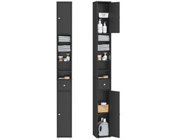 SoBuy Hoge Badkamerkast met Lade en Verstelbare Planken – Smalle Opbergkast – 20x20x180 cm, Zwart, BZR34-SCH – voor Badkamer, Woonkamer, Slaapkamer – Vrijstaand Slank Badkamermeubel