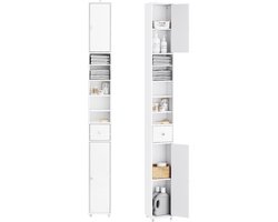 SoBuy Hoge Badkamerkast met Lade en Verstelbare Planken – Wit 20x20x180cm, BZR34-II-W – Vrijstaand Badkamermeubel, Smalle Kolomkast