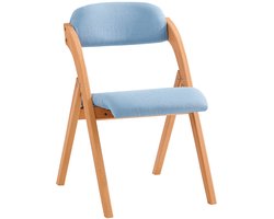 SoBuy Houten Klapstoel met Gestoffeerd Zitkussen, Bureaustoel, Eetkamerstoel, Natuur/Blauw, 47.5x77x59 cm, FST92-BL - voor eetkamer, balkon of kantoor