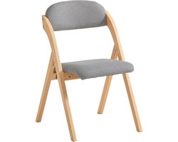 SoBuy Houten Klapstoel met Gestoffeerd Zitkussen, Bureaustoel, Eetkamerstoel, Natuur/Grijs, 47.5x77x59 cm, FST92-N - voor eetkamer, balkon of kantoor