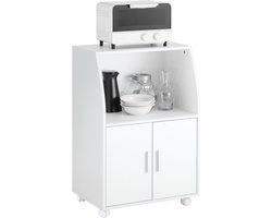 SoBuy Keukenkast op Wieltjes, Magnetronkast met Opbergruimte, Multifunctionele Keukenwagen 55×38×84 cm, Wit, FRG241-W