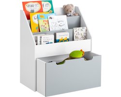 SoBuy Kinderboekenkast met 3 Opbergvakken en Uitneembare Speelgoedkist, Kinderplank, Wit/Grijs, 63x70x30 cm - KMB17-HG