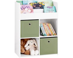 SoBuy Kinderboekenkast met 3 Planken & 4 Vakken – Kinderopbergrek met 2 Stoffen Opbergdozen – voor Speelkamer & Kinderkamer – Wit/Groen, 60x34x80 cm, KMB79-W