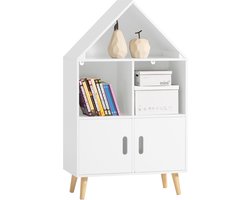 SoBuy Kinderboekenkast met Kasteellook – Kinderopbergrek met 2 Deuren & 3 Vakken – Speelgoedkast voor Kinderkamer – Wit, 63x30x103cm, KMB58-W