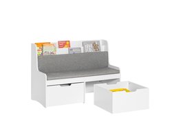 SoBuy Kinderopbergbank met Boekenkast en 2 Laden op Wielen – Kinderboekenkast met Zitkussen – Wit, 100x45x70cm, KMB66-W