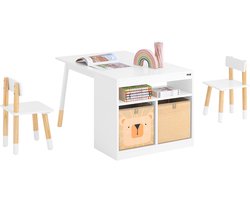 SoBuy Kindertafelset met 2 Stoelen, Multifunctionele Kinderwerktafel, Inclusief Tekentafel, Kinderbureau, Bureau met Opbergvak en 2 Dozen, Wit, KMB113-W