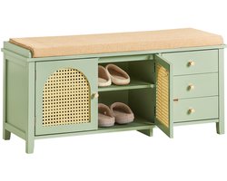 SoBuy Schoenenbank met Gestoffeerd Kussen, Schoenenkast, Lage Kast, Opbergkast met 3 Lades en 2 Deur, 100x34x46 cm Groen, FSR129-GR, voor Gang Entree Woonkamer Slaapkamer