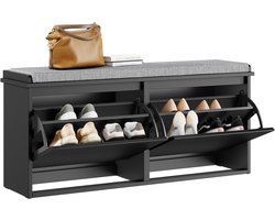 SoBuy Schoenenbank met Gevoerd Kussen - Schoenenkast met 2 Kleppen - Opbergkast voor schoenen - Zwart, 100x26x46 cm, FSR98-XL-SCH