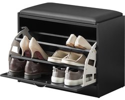 SoBuy Schoenenbank met Zitkussen - Schoenenrek en Opbergbank - Zwart, 60x30x47 cm, FSR16-SCH - Schoenenkast, Gangkast