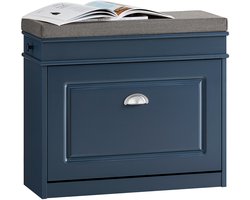 SoBuy Schoenenbank met Zitkussen - Schoenenrek met Zitbank en 1 Kleppen - Moderne Schoenenkast met Opbergruimte - Blauw, 60x24x51cm, FSR82-K-B