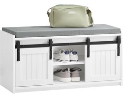 SoBuy Schoenenrek met Schuifdeuren, Halmeubel met Kussen, 6 Vakken Schoenenbank voor Entree, 90x35x46 cm, Wit, FSR133-K-W