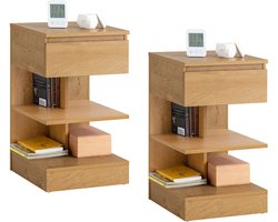 SoBuy Set van 2 Bijzettafel, Nachtkastje met 1 Lade en 3 Planken, Multifunctionele Salontafel voor Slaapkamer of Woonkamer, Scandinavisch Design, Natuur Houtbruin, 39x65x39cm, FBT49-Nx2
