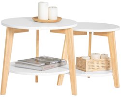 SoBuy Set van 2 Salontafels, Bijzettafels van MDF & Rubberhout, Ronde Tafelset voor Woonkamer, Wit, FBT75-W